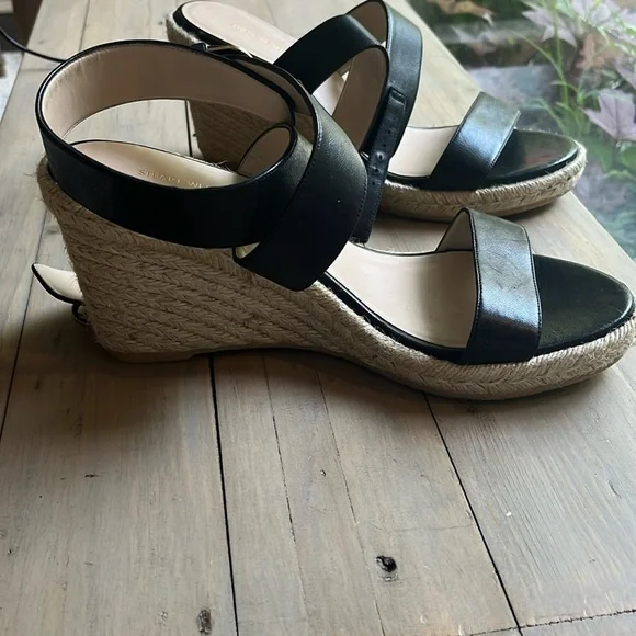 New Stuart Weitzman Lexia Leather Black  Espadrille Wedge Sandal Size 10 - Picture 6 of 12